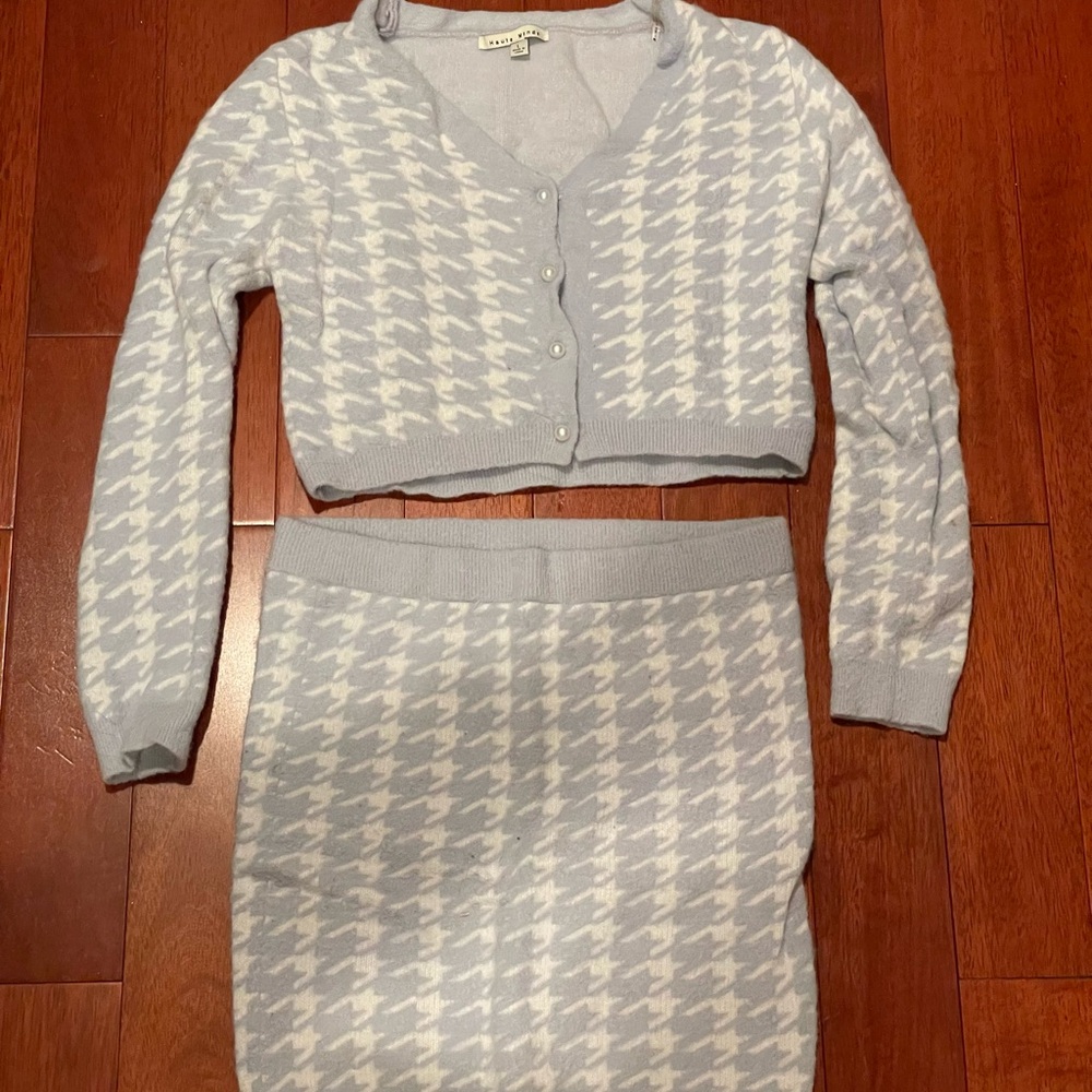 Light Blue Houndstooth Skirt Set